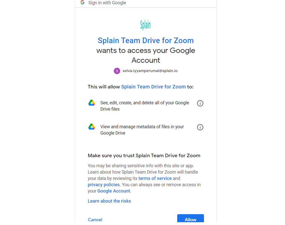 Click on "ALLOW" to provide access to to your Drive account - only for the folder that Splain app will create
